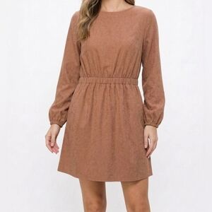 Brown Faux Suede Long Sleeve Dress